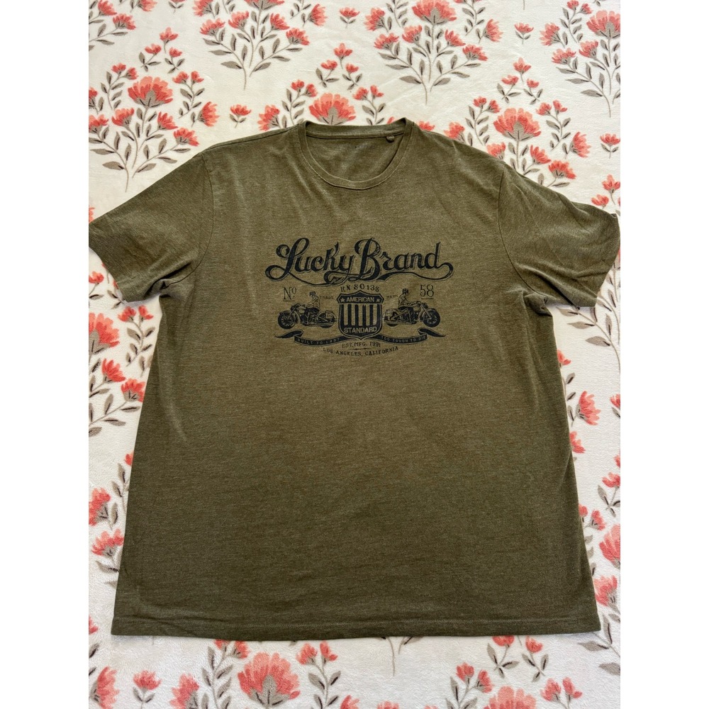 Lucky Brand Mens XL Green Graphic Tee Motorcycle American Standard T-Shirt